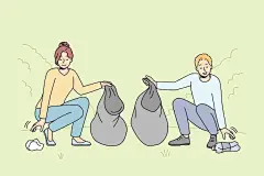 志愿者清理街道垃圾描边插画矢量图设计素材