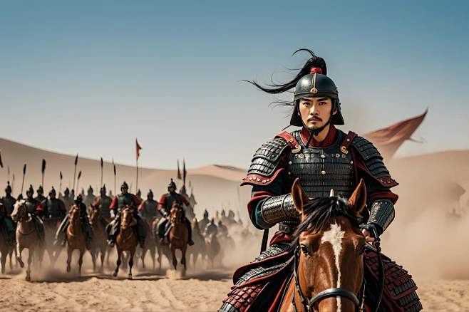中国一位古代将军骑马领军，带着士卒行军时候的场景，真人实拍，远景，背景黄沙漫天-花瓣网