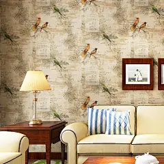 米冠怀旧美式乡村纯纸壁纸复古卧室床头客厅电视背景墙纸古典小鸟-tmall.com天猫