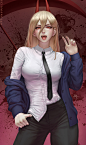 画画幻想艺术幻想女孩女性米尔科·卡比亚日本动画片动漫女孩电锯人力量（电锯人）长发金发女郎角张开嘴看着观众伸出舌头衬衫领带红眼睛