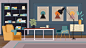 AI矢量卡通手绘室内空间场景插画阁楼客厅厨房家具H5网页设计素材