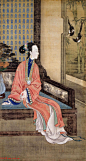 清初宫廷工笔重彩人物画《十二美人图》  倚榻观鹊