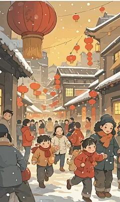 春节雪景街景庆春插画图形