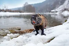 海狸鼠，广角生境。海狸鼠，河狸鼠，冬天在雪地里长着大牙齿的老鼠，在河边。海狸鼠冬天会下雪。大自然的野