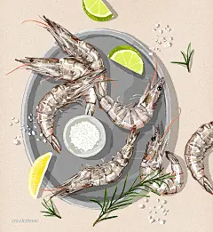 餐饮美食水产带鱼虾子生蚝章鱼螃蟹柠檬插画