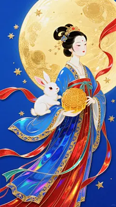 工笔与重拟物融合，鎏金浮雕质感，嫦娥持月餅伴玉兔，蓝红华服飘逸，梦幻唯美，中秋古典意境。