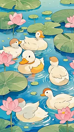 一群卡通鸭子在池塘里游水
