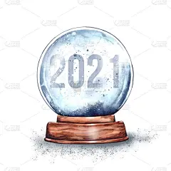 水彩插图。木制的架子上放着神奇的圣诞玻璃雪花球，里面写着2021年的数字。新年的惊喜，来自圣诞老人的