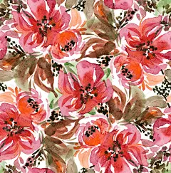 花卉无缝模式。水彩画花与树叶。手绘花朵。