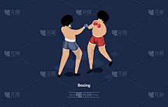 矢量插图在卡通3D风格。专业运动概念的等距构成与文本在黑暗的背景。人物在蓝色和红色游戏制服和保护手套