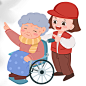 简约帮助老人推轮椅志愿者人物插画