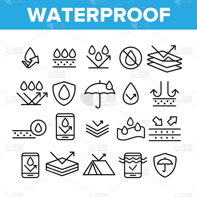 防水，防水材料向量线性图标集
