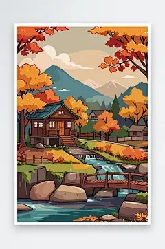 卡通秋季山间小木屋景色插画