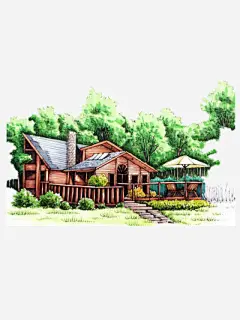 手绘木屋免抠素材_新图网 https://ixintu.com 手绘 木屋 绿树