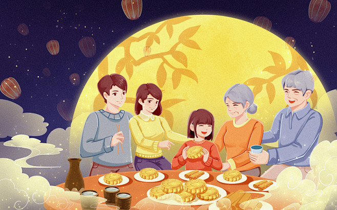 蓝色黄色手绘中秋节中秋一家人团圆吃月饼吃...