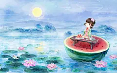 古风立夏西瓜插画古装女孩莲花茶几吃西瓜月亮植物夏天水彩背景