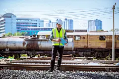 负责铁路检查和铁路和火车站施工过程检查的工程师。在工作中穿着安全制服和安全帽，手持文件。