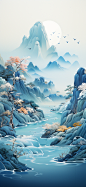 一幅山水3D水彩插图