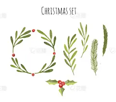 Christmas watercolor set. Beautiful set with Christmas wreath, pine branches, mistletoe and holly isolated on white background
