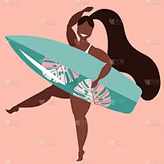 黑发女孩拿着冲浪板。一个拿着冲浪板的女孩。晒黑美女女性冲浪者。活跃的夏季体育手绘矢量插图。时髦的夏威