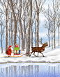 雪色森林 湖光倒影 雪橇麋鹿 丝带礼物 圣诞插图插画设计PSD tid317t000043