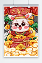 手绘元宝中国风国潮风兔年新年插画海报-众图网