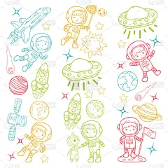 太空幼儿园，学校天文课儿童，涂鸦儿童插画Ufo，外星人，月球表面，地球，木星，土星，火星矢量图标