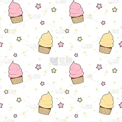 可爱的粉红色和黄色卡通纸杯蛋糕与星星无缝矢量图案背景插图