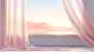 window, white curtains and pink cloth in front of sunrise ilha de mar atena 3d rendering, in the style of mountainous vistas, pastel color palette, flattened perspective, romantic illustrations, minimalist color palette, tabletop photography, realistic hy