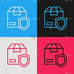 波普艺术线交付安全与盾牌图标隔离在彩色背景。交付保险。保险柜外的硬纸板箱。向量