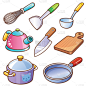 厨房器具,分离着色,符号,锅,长柄勺,图像,案板,茶壶,烹调,教育