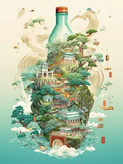 一瓶天地·中国山水画卷·酒水饮料包装插画 - 小红书