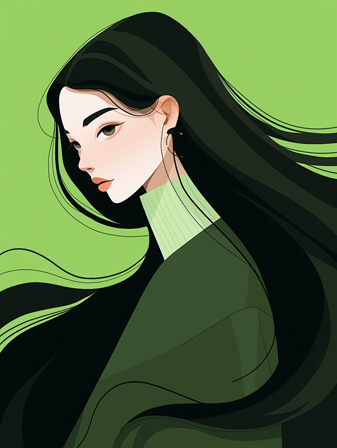 绿色头像，长发，新中式美学