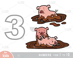关于数字的儿童教育海报。第三位，三只猪。向量的卡通插图