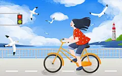 手绘卡通唯美海边骑车原创插画海报扁平夏天海边沙滩插画