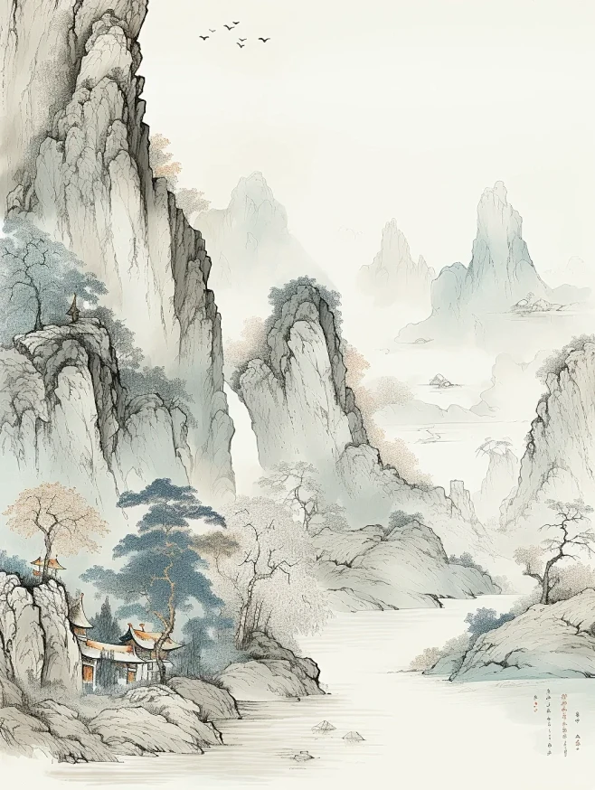 AI绘画｜水墨山水图（附关键词）-花瓣网