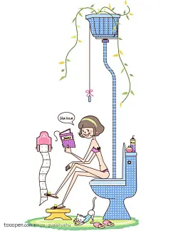 韩国卡通插画女孩 坐在马桶上的短发女孩