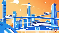TOP 10未来城市插画
文件格式：位图-JPG
评析：未来科技畅想的题材也很受欢迎，这幅作品大面积应用对比色，色块分割强弱有序，构图纵深感强，给人以科技迅猛发展的良好视觉效果。
warmth文文 / Shijue Focus RF / 视觉中国