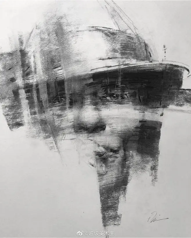 笔触率真利落的炭笔素描头像 . 与构成面孔的大面积直角阴影 . 景观设计师 . Shima Rabiee -花瓣网