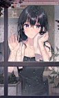 Anime 1024x1701 rain anime anime girls window Tokkyu (artista) artwork dark hair purple eyes