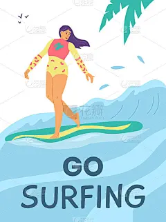 热带海滩背景与女性冲浪者，平面矢量插图。