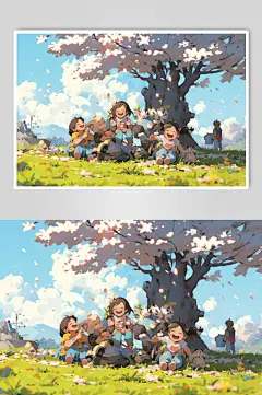 AI数字艺术小孩郊游插画-众图网