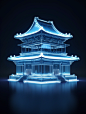 A Chinese style ancient building,eave,front,profile,sleek glass thickness,transparent,teansparent,white and blue holographic,cinematic ,C4D,octane render,architecturalvisualisation,8k, --ar 3:4