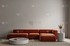 现代极简主义灰色，米色室内与橙色沙发，地毯和装饰。3d渲染插图模型。