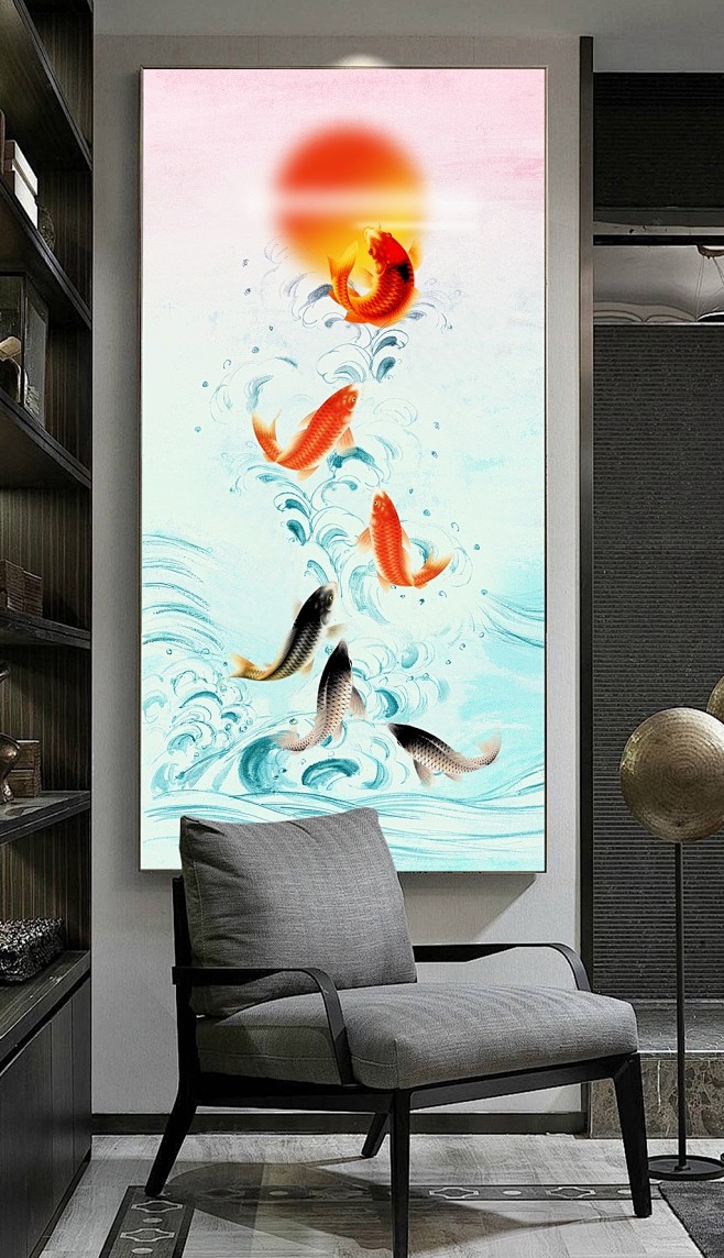 新中式工笔手绘鲤鱼跃龙门玄关装饰画壁画