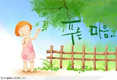 篱笆小女孩韩国手绘插画高清图片素材