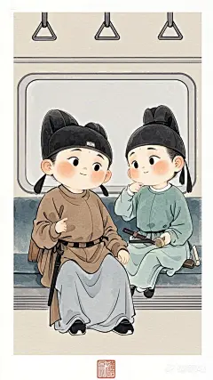 全景,水墨插画,极简主义，三头身，唐代男士插画,男士坐地铁，现代人物与古风工笔画结合，画风细腻成熟，独特的风格，识别度高，人物讨喜又不失韵味，可爱的Q版唐代风俗画图，背景简洁，纯色背景。 (2)