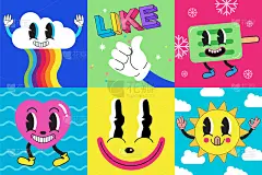 手绘平面时尚卡通集，老派，卡通，人物，动画