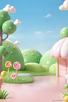 C4D 场景搭建 卡通 蓝天白云 粉色 