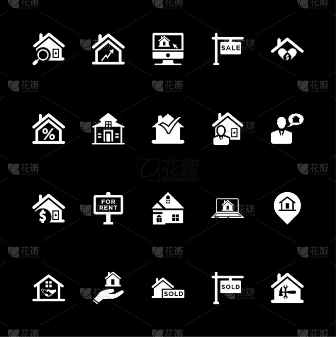 Real Estate Icons Set Vector White素材-花瓣网